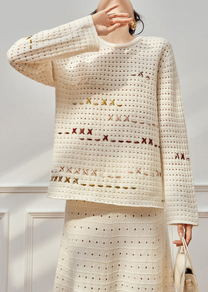 French Beige Hollow Out Sweaters And Skirts Knit Two Pieces Set Fall