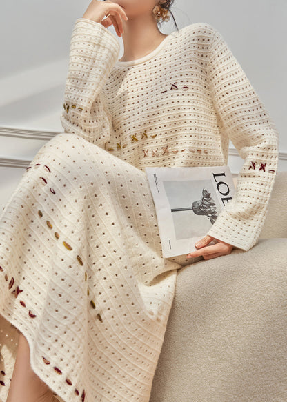 French Beige Hollow Out Sweaters And Skirts Knit Two Pieces Set Fall