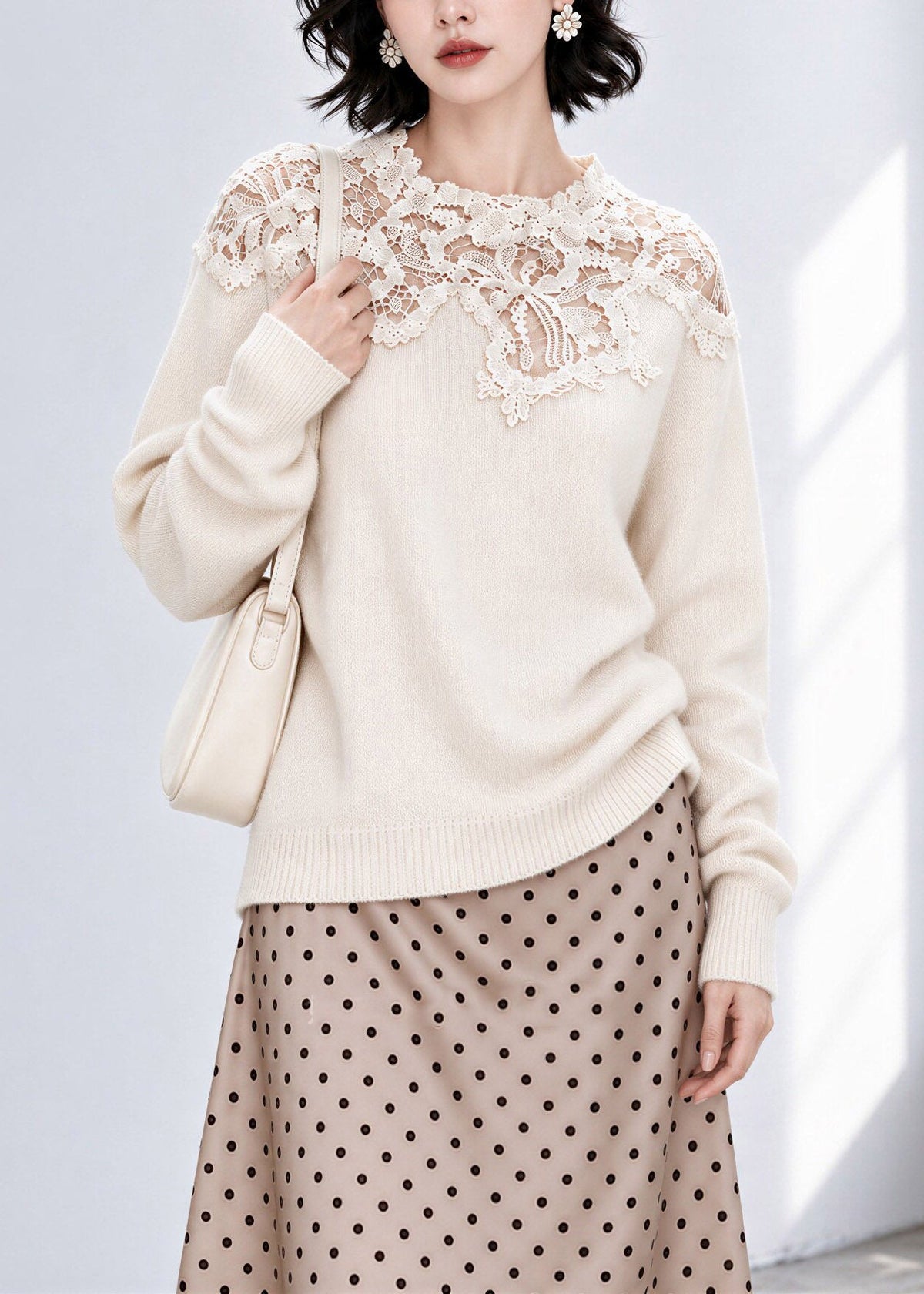 French Beige Lace Patchwork Cotton Knit Sweaters Fall