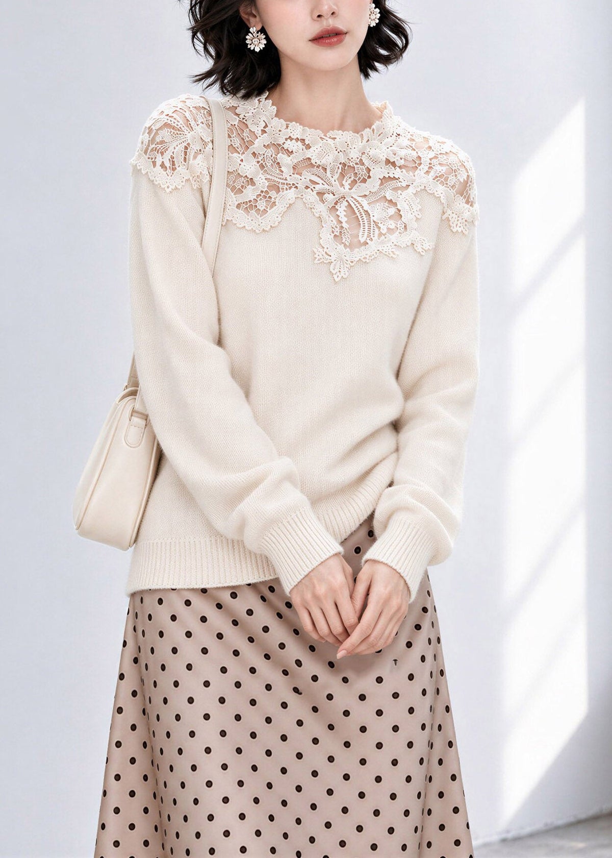 French Beige Lace Patchwork Cotton Knit Sweaters Fall