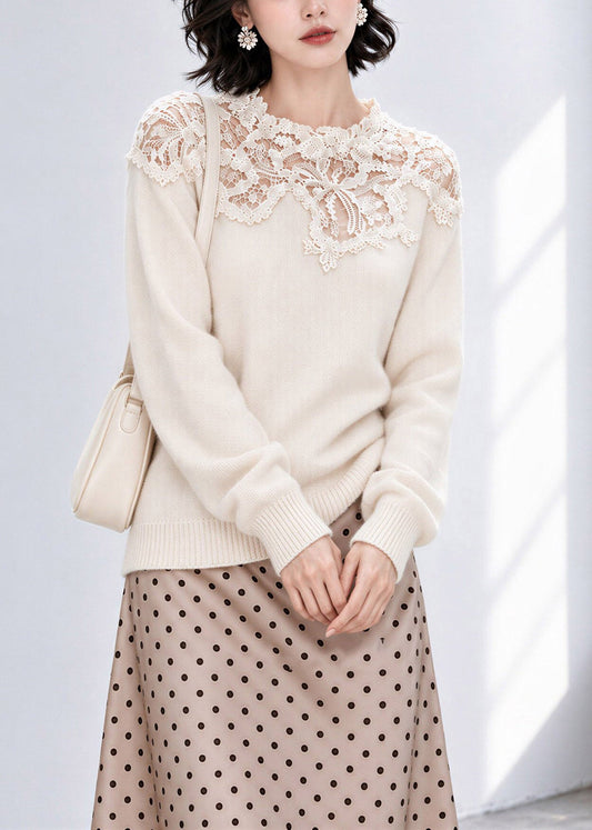 French Beige Lace Patchwork Cotton Knit Sweaters Fall