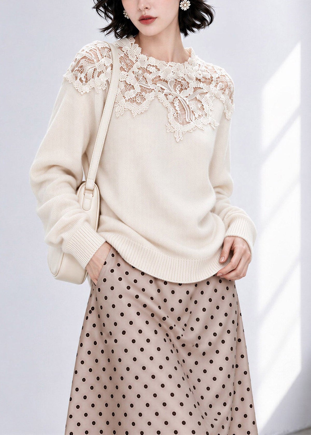 French Beige Lace Patchwork Cotton Knit Sweaters Fall