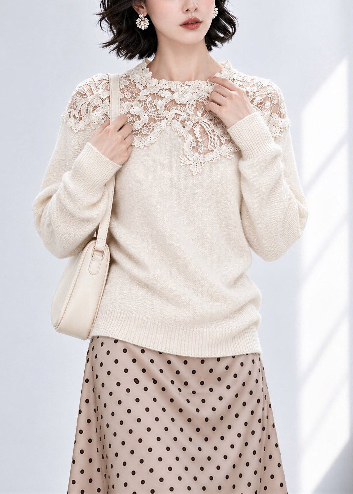 French Beige Lace Patchwork Cotton Knit Sweaters Fall