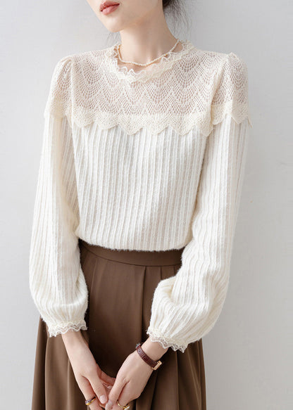 French Beige Lace Patchwork Knit Blouses Spring