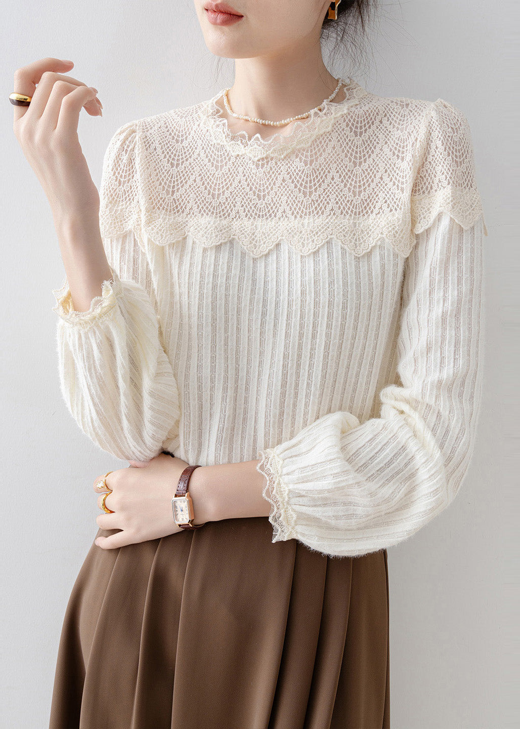French Beige Lace Patchwork Knit Blouses Spring