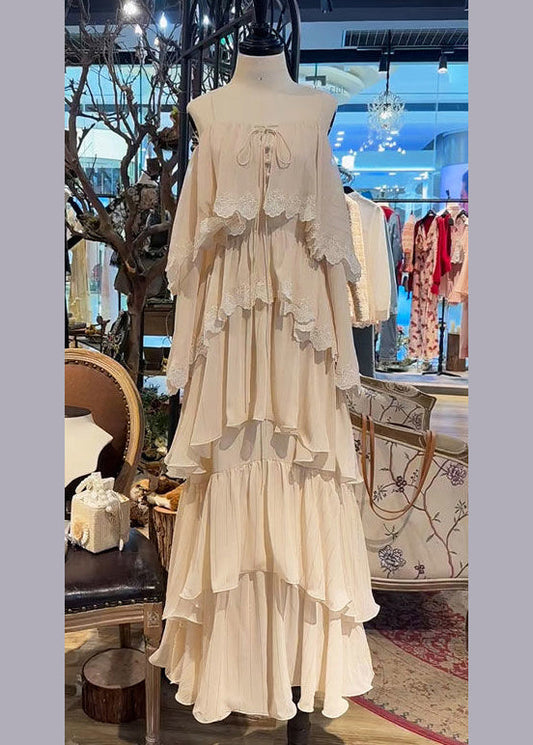 French Beige Lace Up Lace Spaghetti Strap Dress Sleeveless