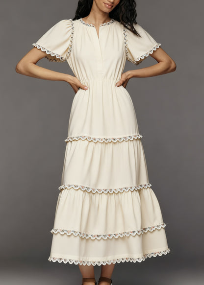 French Beige Layered Lace Patchwork Cotton Dress Summer