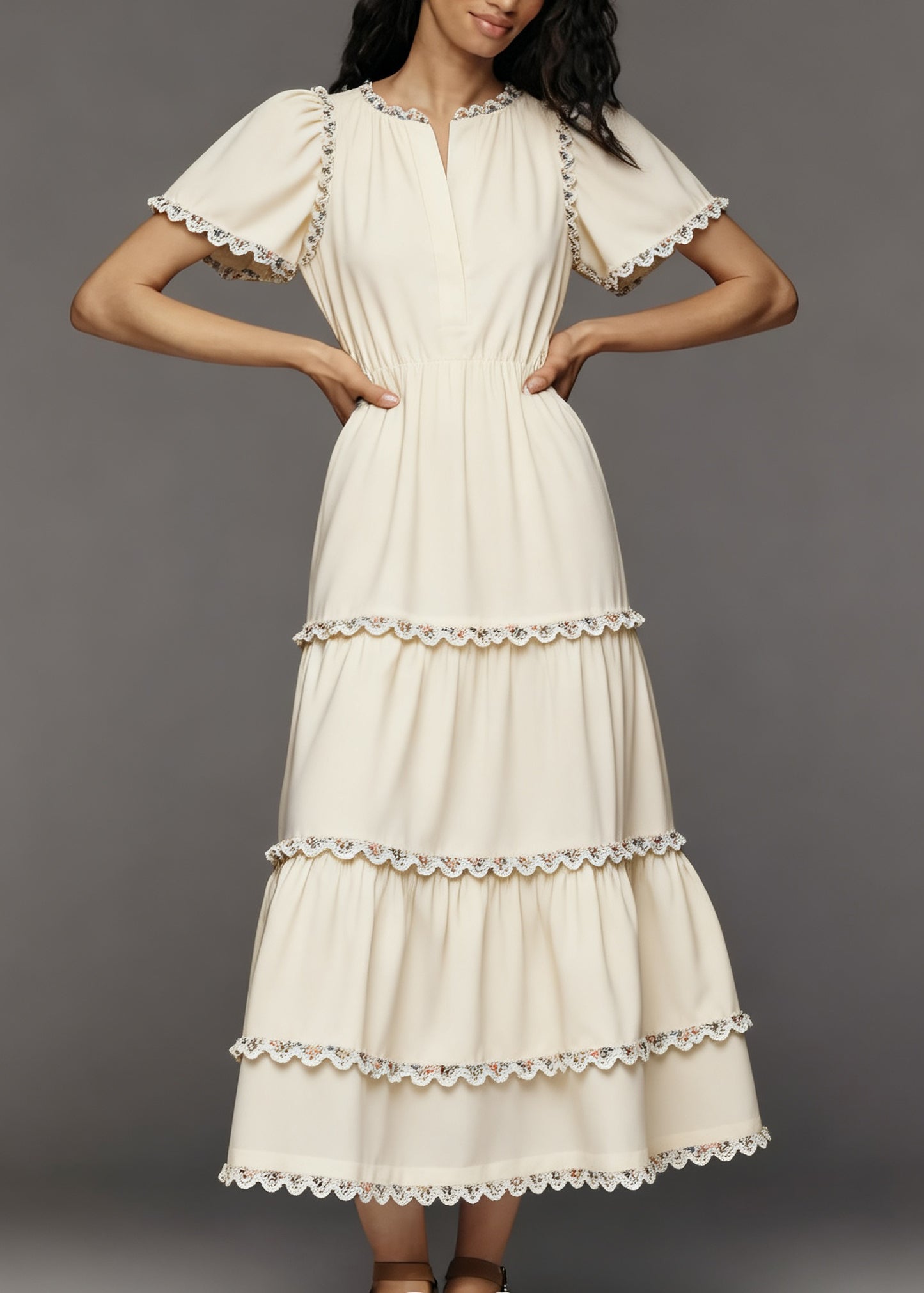 French Beige Layered Lace Patchwork Cotton Dress Summer