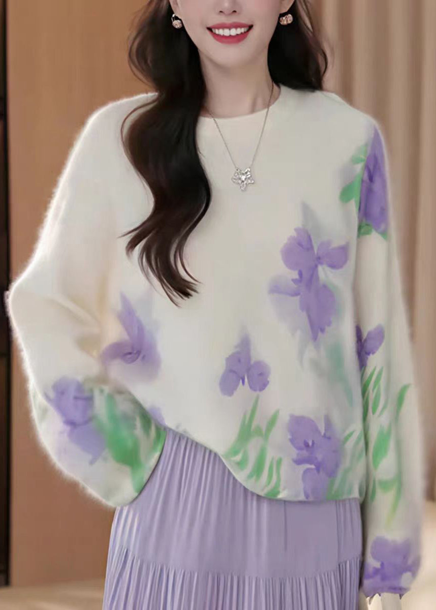 French Beige O Neck Floral Knit Sweater Tops Fall