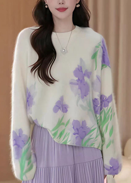 French Beige O Neck Floral Knit Sweater Tops Fall