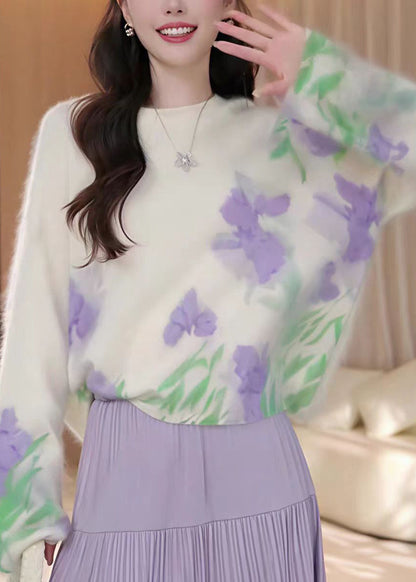 French Beige O Neck Floral Knit Sweater Tops Fall