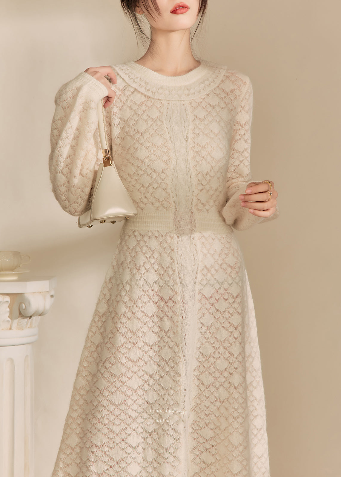 French Beige O Neck Jacquard Knitted Dress Spring