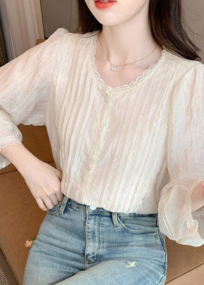 French Beige O-Neck Patchwork Chiffon Shirt Lantern Sleeve