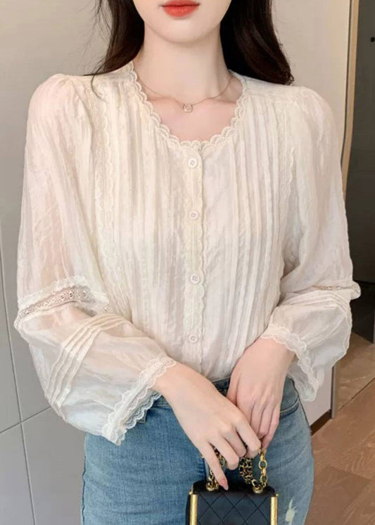 French Beige O-Neck Patchwork Chiffon Shirt Lantern Sleeve