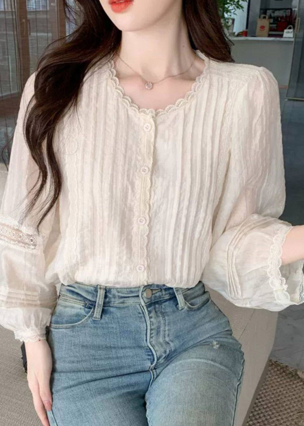 French Beige O-Neck Patchwork Chiffon Shirt Lantern Sleeve
