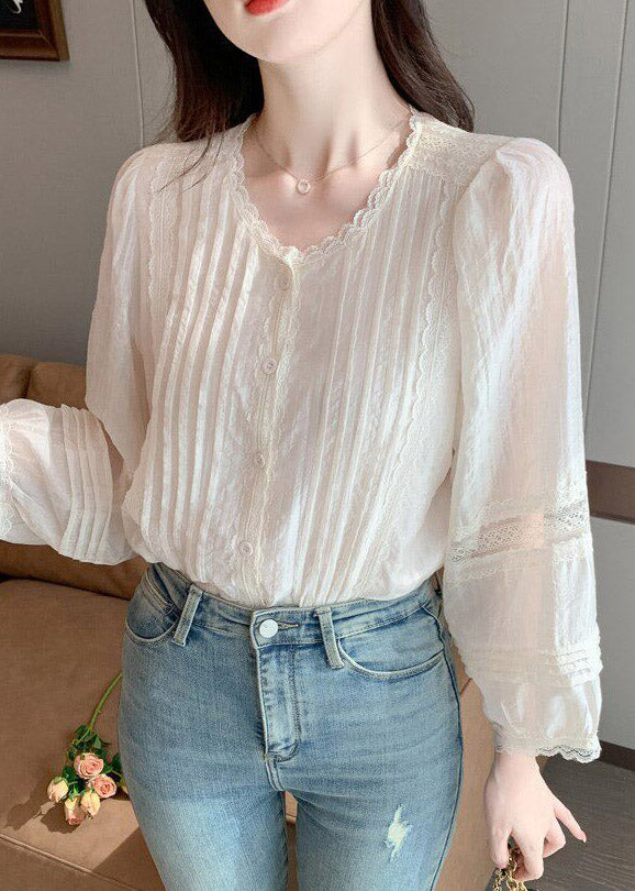 French Beige O-Neck Patchwork Chiffon Shirt Lantern Sleeve