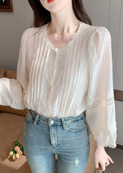 French Beige O-Neck Patchwork Chiffon Shirt Lantern Sleeve