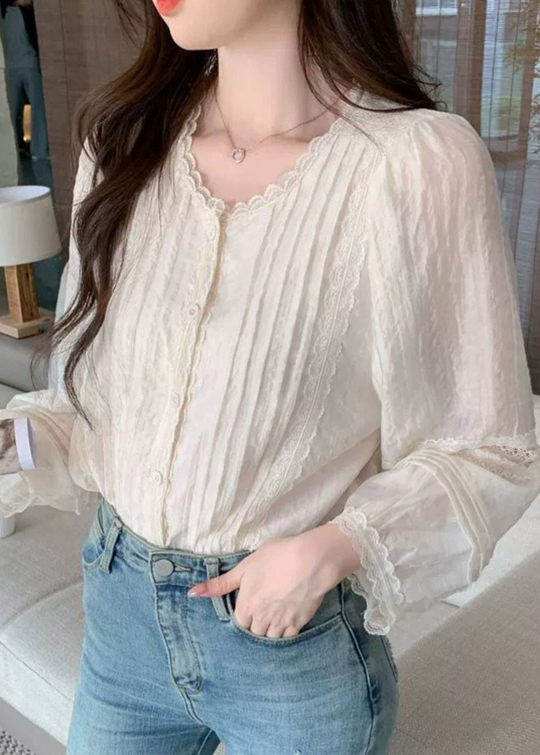 French Beige O-Neck Patchwork Chiffon Shirt Lantern Sleeve