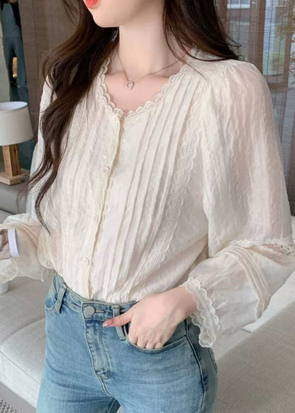 French Beige O-Neck Patchwork Chiffon Shirt Lantern Sleeve