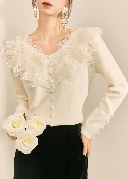 French Beige O Neck Patchwork Knit Top Spring