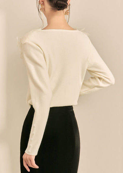 French Beige O Neck Patchwork Knit Top Spring