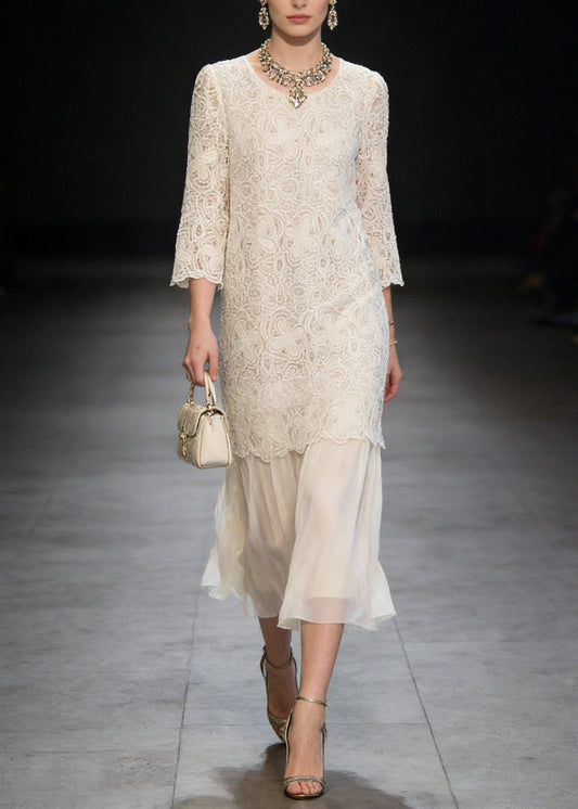 French Beige O Neck Patchwork Lace Dresses Summer