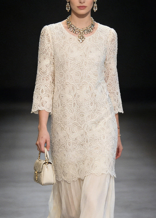 French Beige O Neck Patchwork Lace Dresses Summer