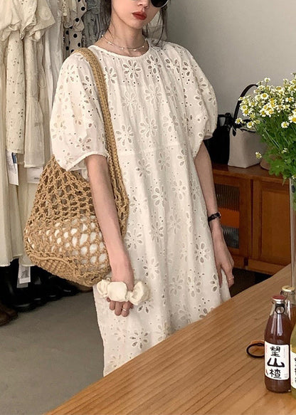 French Beige O-Neck Puff Sleeve Hollow Out Cotton Dress