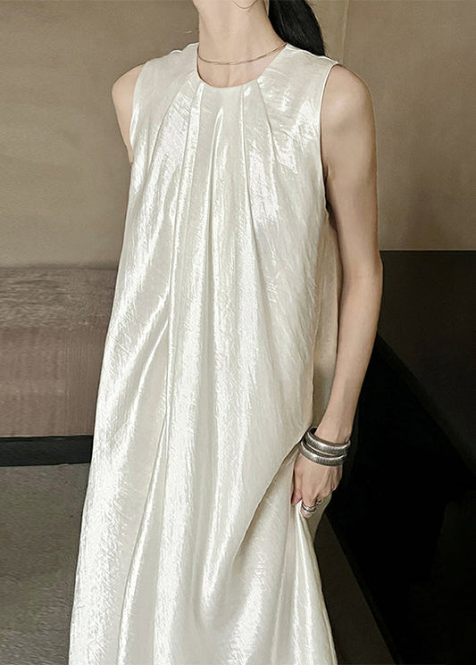 French Beige O Neck Solid Silk Long Dresses Sleeveless