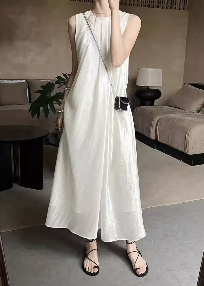 French Beige O Neck Solid Silk Long Dresses Sleeveless