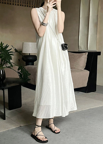 French Beige O Neck Solid Silk Long Dresses Sleeveless