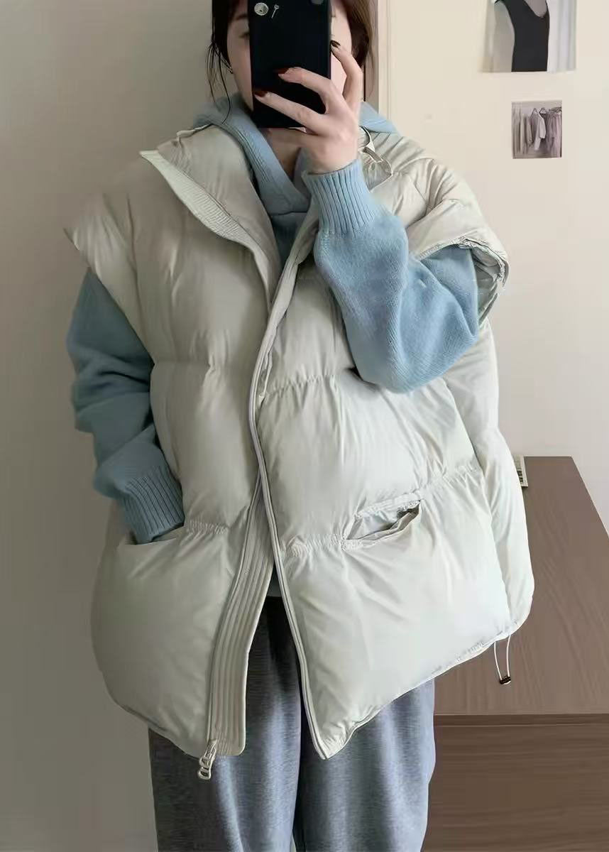 French Beige Oversized Pockets Duck Down Filled Vests Winter