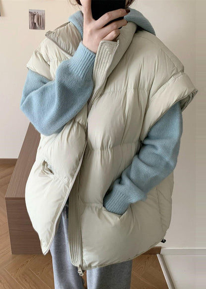 French Beige Oversized Pockets Duck Down Filled Vests Winter