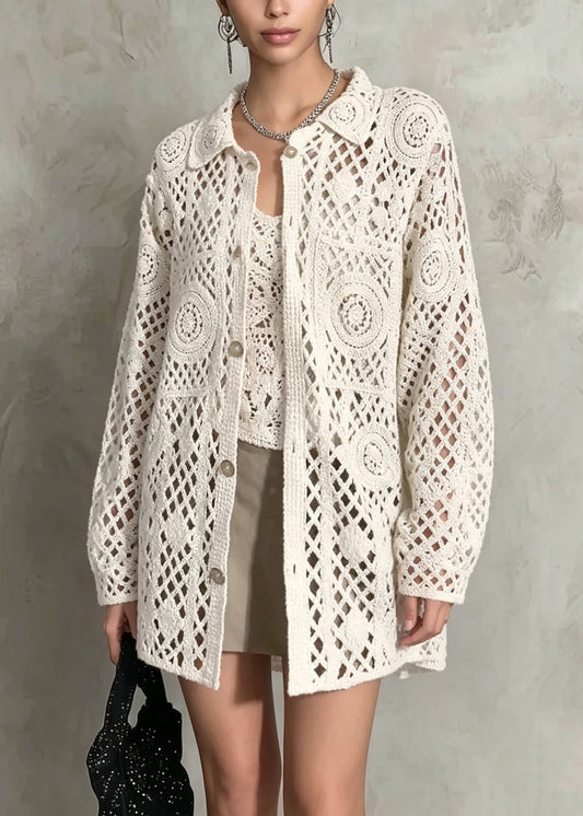 French Beige Peter Pan Collar Hollow Out Knit Cardigan Fall