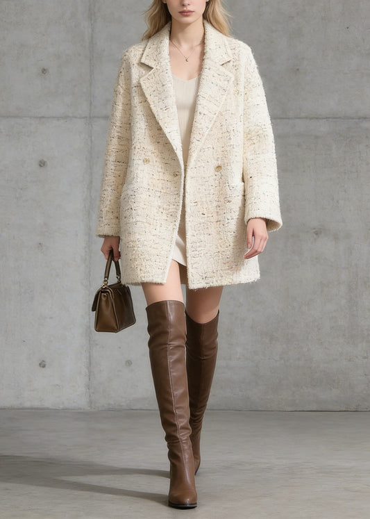 French Beige Peter Pan Collar Pockets Woolen Coat Spring