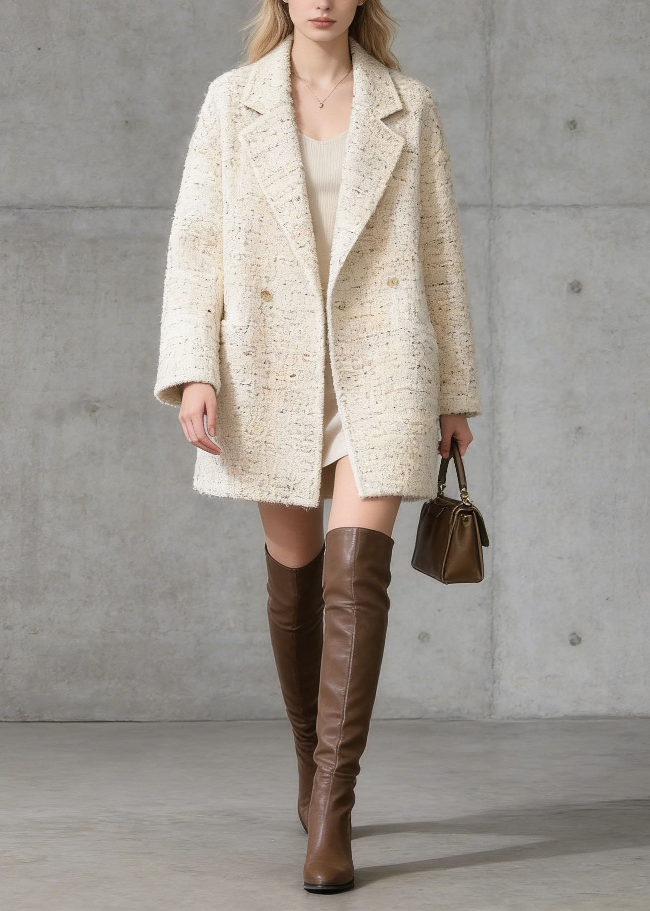 French Beige Peter Pan Collar Pockets Woolen Coat Spring