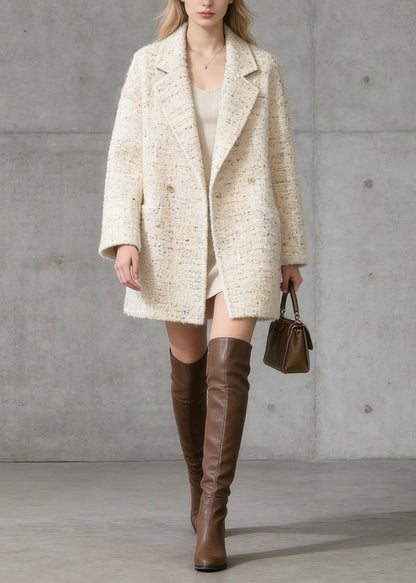 French Beige Peter Pan Collar Pockets Woolen Coat Spring