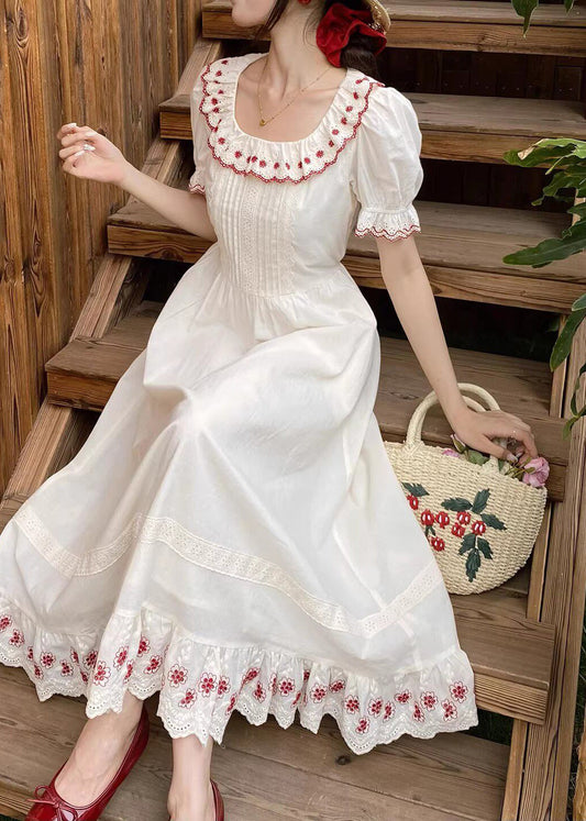 French Beige Peter Pan Collar Print Long Dresses Short Sleeve