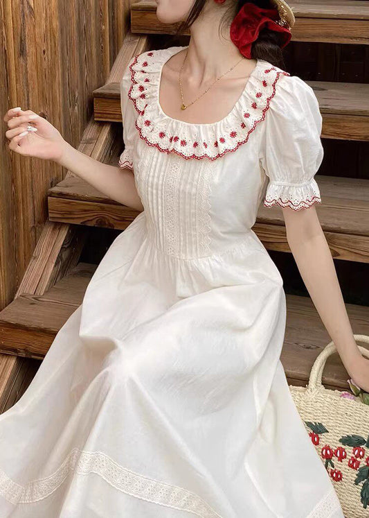 French Beige Peter Pan Collar Print Long Dresses Short Sleeve