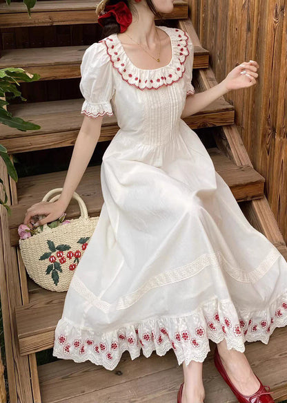 French Beige Peter Pan Collar Print Long Dresses Short Sleeve