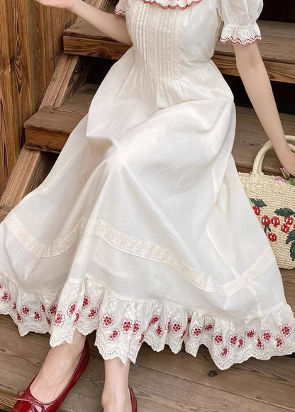 French Beige Peter Pan Collar Print Long Dresses Short Sleeve