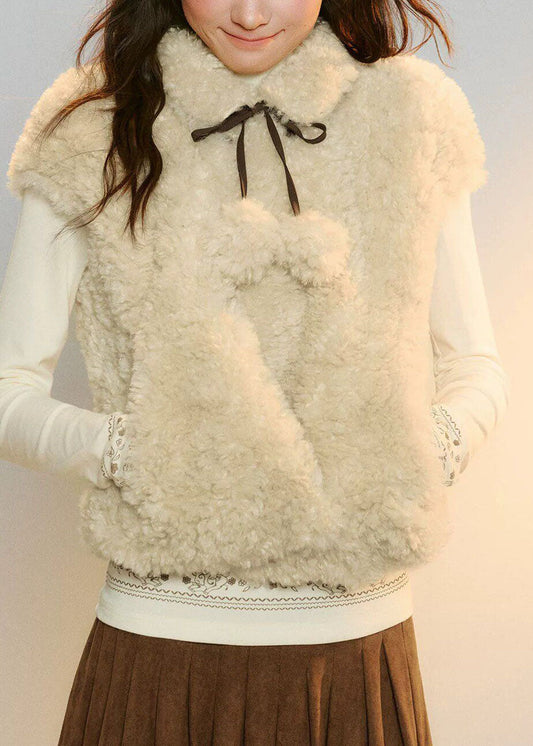 French Beige Peter Pan Collar Tie Lace Faux Fur Waistcoat Sleeveless