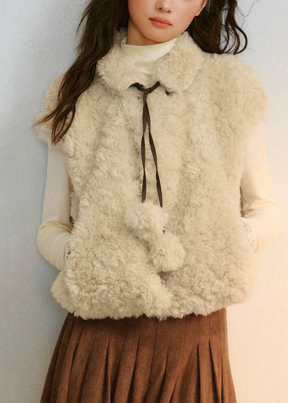 French Beige Peter Pan Collar Tie Lace Faux Fur Waistcoat Sleeveless