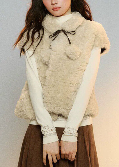 French Beige Peter Pan Collar Tie Lace Faux Fur Waistcoat Sleeveless