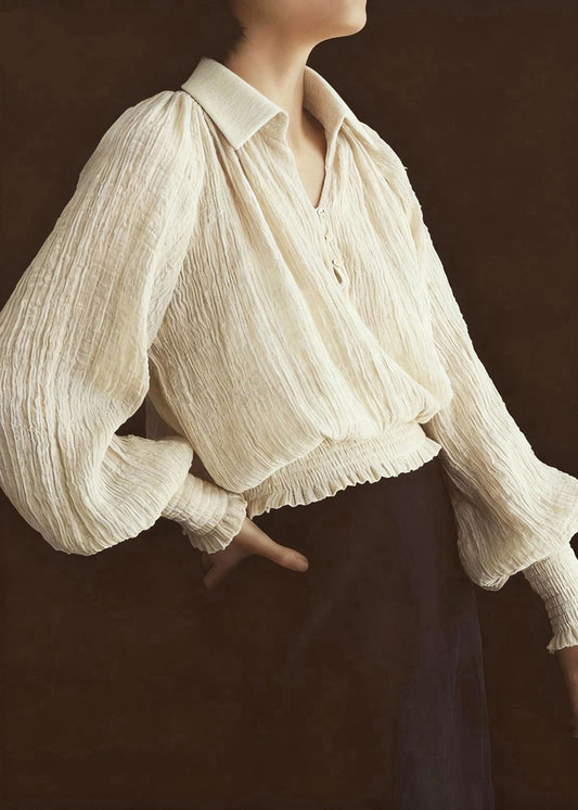 French Beige Peter Pan Collar Wrinkled Chiffon Shirt Top Lantern Sleeve