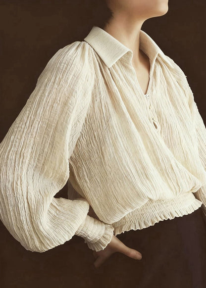 French Beige Peter Pan Collar Wrinkled Chiffon Shirt Top Lantern Sleeve