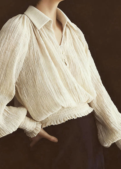 French Beige Peter Pan Collar Wrinkled Chiffon Shirt Top Lantern Sleeve