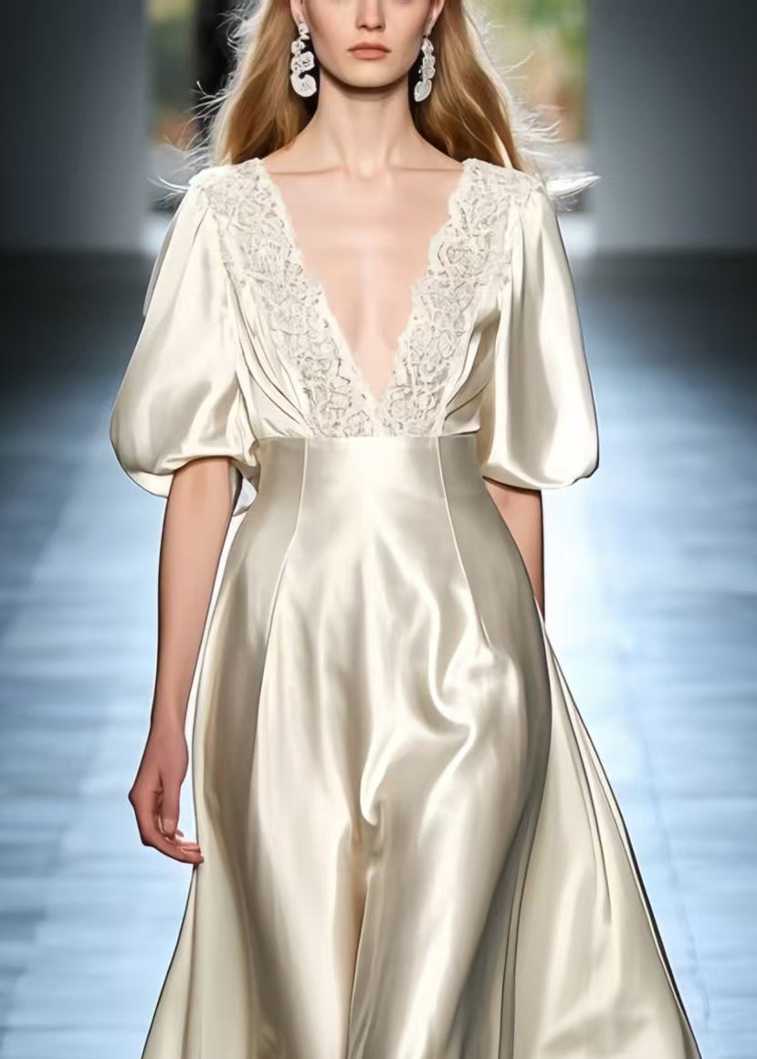 French Beige Puff Sleeve Patchwork Lace Silk Dress Lantern Sleeve