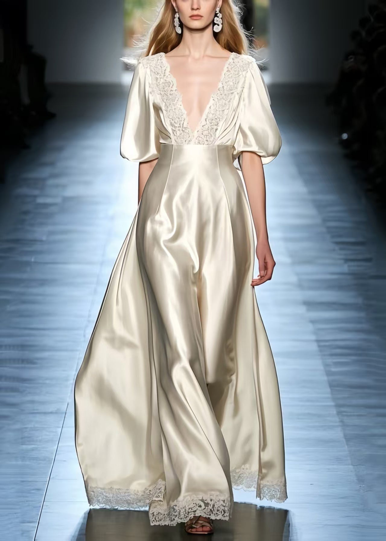 French Beige Puff Sleeve Patchwork Lace Silk Dress Lantern Sleeve