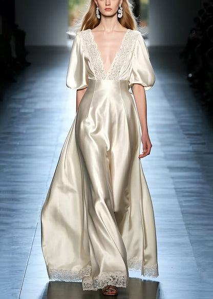 French Beige Puff Sleeve Patchwork Lace Silk Dress Lantern Sleeve